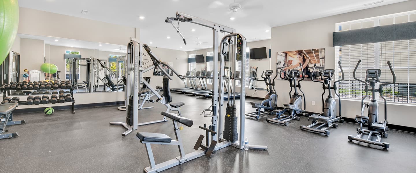 Community gym with ample space for resident workouts