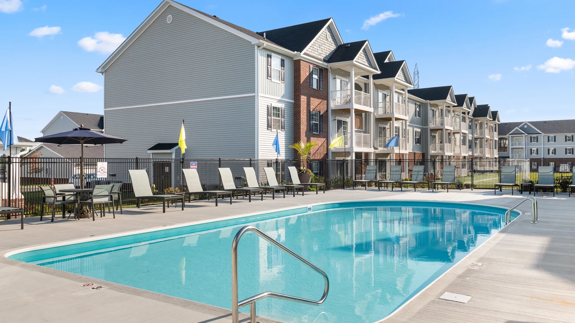 Swimming pool and lounging area attached to an Etna Ohio apartment community